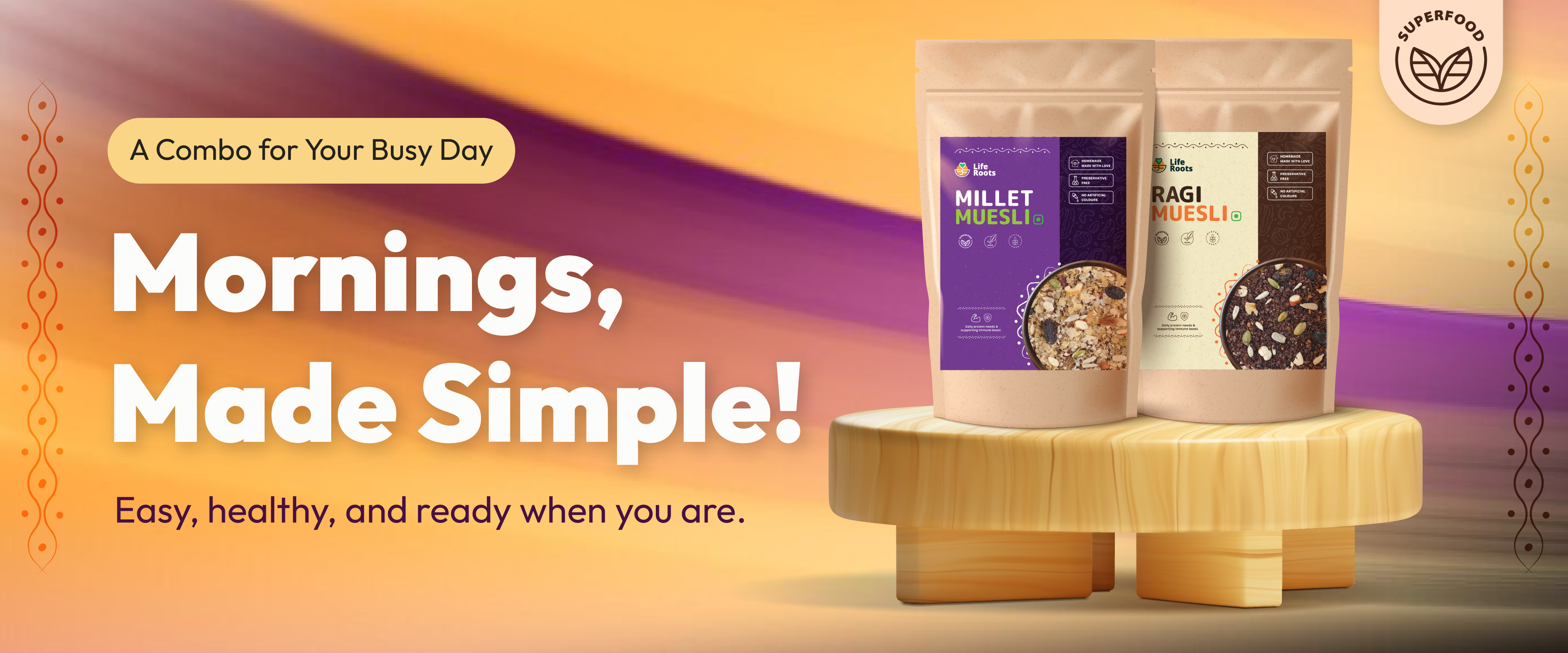 A wholesome combo of LifeRoots Millet Muesli and Ragi Muesli in bowls, filled with grains, nuts, and dried fruits. This nutritious blend is packed with fiber, vitamins, and minerals—perfect for a healthy start to your day.
